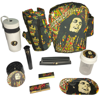 Kit 420 Bob Marley – Mochila + Bong + Grinder + Roladora + Accesorios Completos 