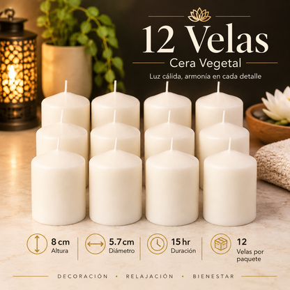 12 Velas Blancas | Cera Vegetal de 8 cm | Premium