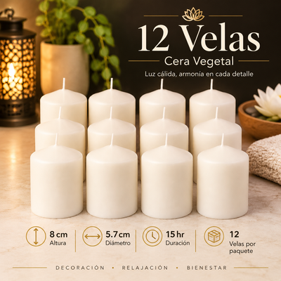 12 Velas Blancas | Cera Vegetal de 8 cm | Premium