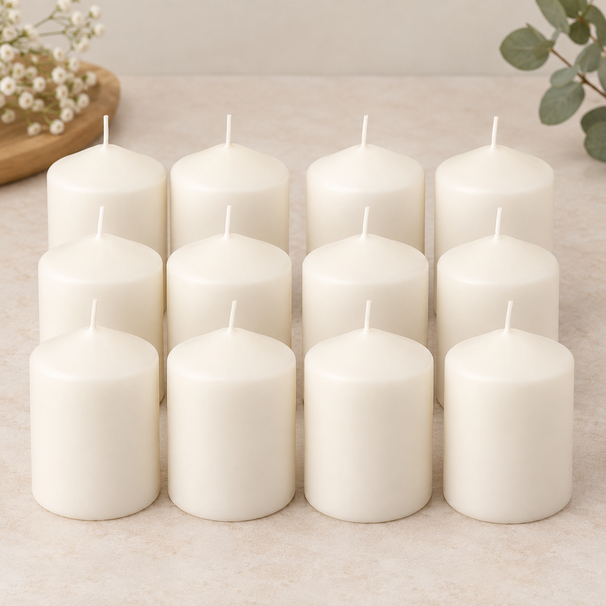 12 Velas Blancas | Cera Vegetal de 8 cm | Premium